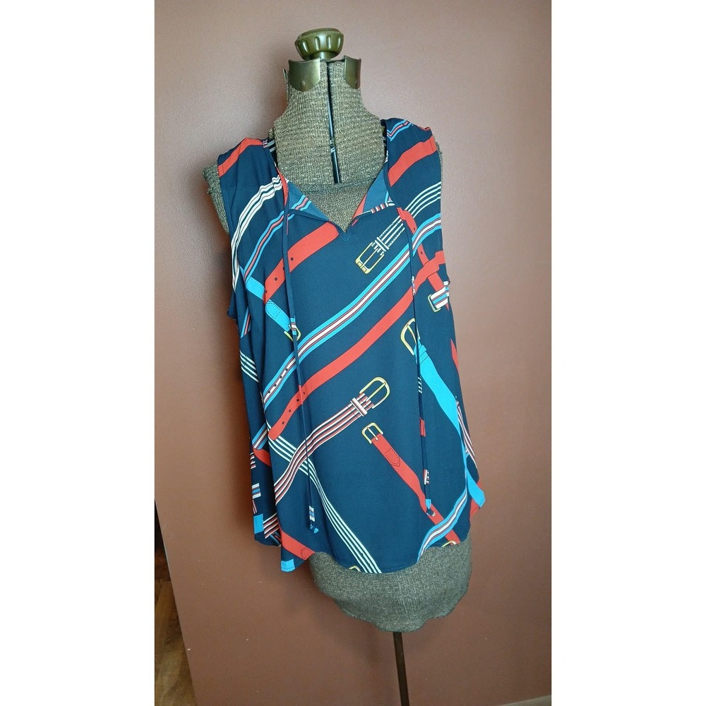 Cabi Navy Blue Equestrian Belt Print Sleeveless V-Neck Tie Blouse Top Large 5736